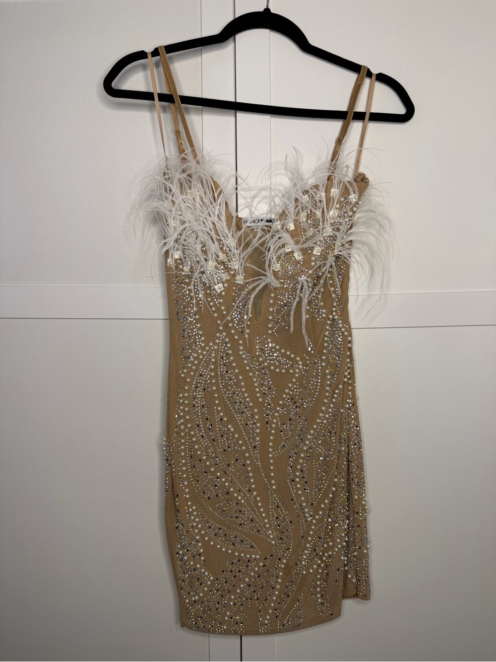 Embellished Feather Trim Slip Dress - Nude